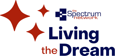 Logo of "the Spectrum Network" with a design of four red stars on the left. The text reads "Living the Dream" in blue and red.